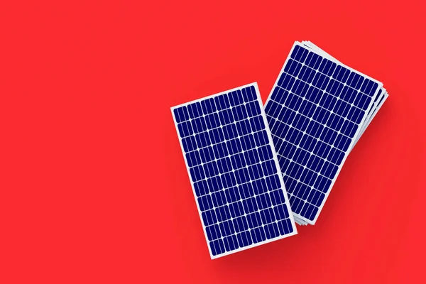 Mucchio Pannelli Solari Sfondo Rosso Tendenza Ecologica Globale Energia Verde — Foto Stock