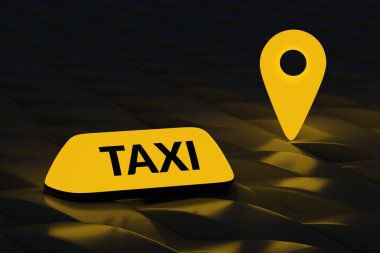 Koyu arkaplanda GPS sembolünün yanında parlayan taksi işareti var. Taksi durağının konumu. Kentsel yolcu taşımacılığının yeri. Taksi durağı. 3d hazırlayıcı