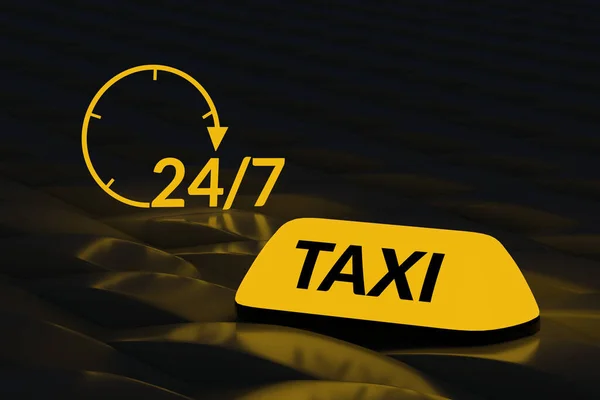 Светящийся Символ Такси Рядом Надписью Темном Фоне Время Работы Городского — стоковое фото