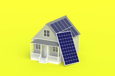 Sarı arka planda çatıda güneş panelleri olan ev. Alternatif enerji kaynaklarının kurulumu ve bakımı. Yenilenebilir kaynaklar. Modern teknolojiler. 3d hazırlayıcı