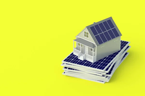 Dom Panelami Słonecznymi Dachu Żółtym Tle Instalacja Konserwacja Alternatywnych Źródeł — Zdjęcie stockowe