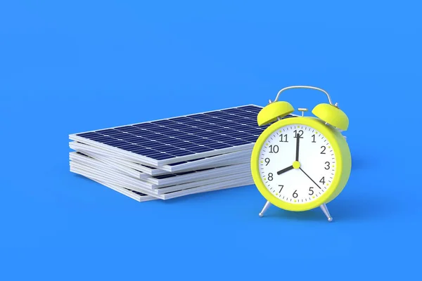 Mucchio Pannelli Solari Vicino Sveglia Sfondo Blu Durata Degli Elementi — Foto Stock