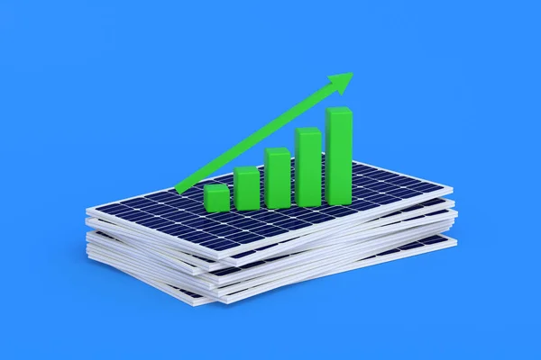 Mucchio Pannelli Solari Vicino Grafico Dinamiche Crescita Positive Costruzione Centrali — Foto Stock