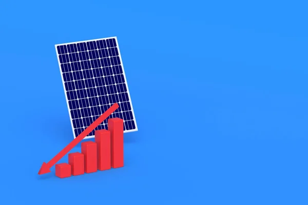 グラフの近くの太陽電池パネル 負の成長ダイナミクス 生態系発電所の建設 太陽電池の要素の販売報告書 緑のエネルギーの人気が低下 コピースペース 3Dレンダリング — ストック写真