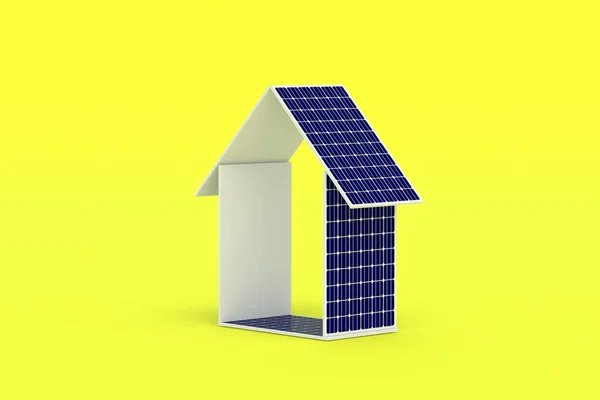 Pannelli Solari Forma Casa Sfondo Giallo Efficienza Energetica Autonomia Installazione — Foto Stock