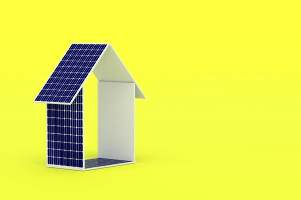 Panele Słoneczne Formie Domu Żółtym Tle Efektywność Energetyczna Autonomia Instalacja — Zdjęcie stockowe