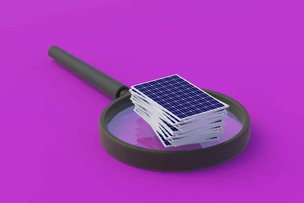 Mucchio Pannelli Solari Vicino Lente Ingrandimento Ricerca Elementi Fotovoltaici Scoperta — Foto Stock