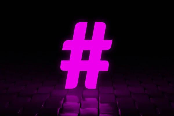 Symbole Lumineux Hashtag Couleur Violette Sur Fond Sombre Tendances Mondiales — Photo