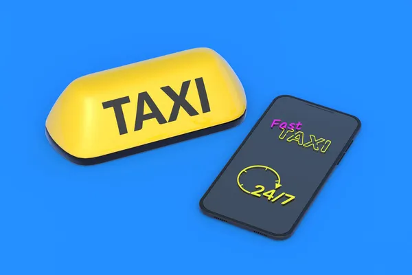 택시가 주문하고 온라인으로 수송을 합니다 일하는 노란색 사인은 근처에 있습니다 — 스톡 사진