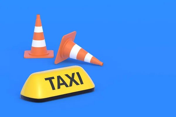 Żółty Znak Taksówki Pobliżu Stożka Zatrzymanie Transportu Pasażerskiego Załamanie Konserwacja — Zdjęcie stockowe