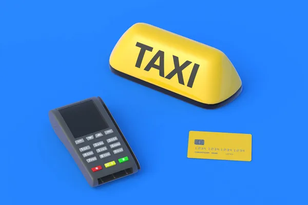 Жовтий Знак Таксі Біля Кредитної Картки Касового Апарату Оплата Послуги — стокове фото