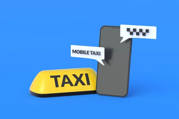 Жовтий Знак Таксі Біля Мобільного Телефону Повідомленнями Виклик Автомобіля Транспортне — стокове фото