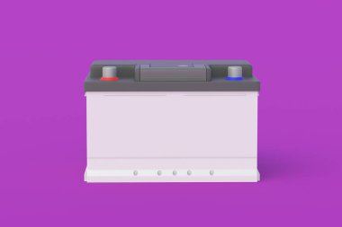 Mor arkaplanda 12 V otomatik pil. Batarya kapasitesi. Otomotiv parçalarının değiştirilmesi. 3d hazırlayıcı