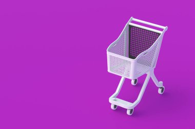 Modern plastik alışveriş arabası. Ticaret konsepti. Market alışverişi. Perakende mağazası malzemeleri. Kârlı bir teklif. Sınırlı sayıda ürün. Uzayı kopyala 3d hazırlayıcı