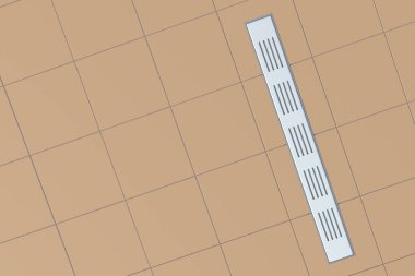 Banyoda yerde seramik fayanslarla paslanmaz ızgarası olan uzun, dikdörtgen duş gideri. 3d hazırlayıcı