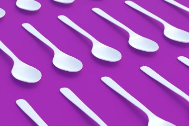 Mor arka planda beyaz renkli kaşıklar. 3d hazırlayıcı