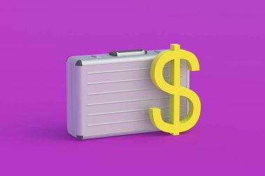 Metal bavula yakın doların sembolü. Devlet bütçesi. Hükümette yolsuzluk. Sosyal yardım. Vergi ödemesi. Banka havaleleri. Para ödülü. Emeklilik ikramiyesi. Konut kirası. 3d hazırlayıcı