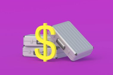 Metal bavulların yanında doların sembolü. Devlet bütçesi. Hükümette yolsuzluk. Sosyal yardım. Vergi ödemesi. Banka havaleleri. Para ödülü. Emeklilik ikramiyesi. Konut kirası. 3d hazırlayıcı