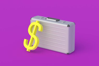 Metal bavula yakın doların sembolü. Devlet bütçesi. Hükümette yolsuzluk. Sosyal yardım. Vergi ödemesi. Banka havaleleri. Para ödülü. Emeklilik ikramiyesi. Konut kirası. 3d hazırlayıcı