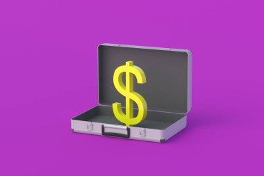 Açık metal bavulların yanında doların sembolü. Endüstriyel yatırım. Uluslararası kredi. Faturaların ödenmesi. Dış döviz rezervleri. 3d hazırlayıcı