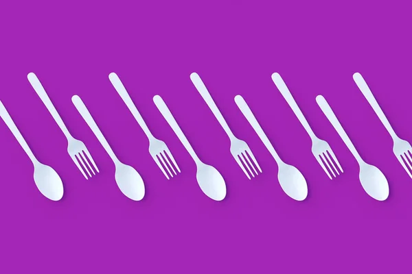 Row Forks Spoons Violet Background Render — Stock Photo, Image