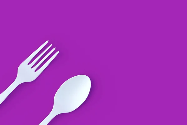 White Fork Spoon Violet Background Copy Space Top View Render — Stock Photo, Image