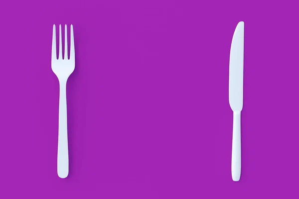 Белая Вилка Нож Фиолетовом Фоне Вид Сверху Принято Рендеринг — стоковое фото