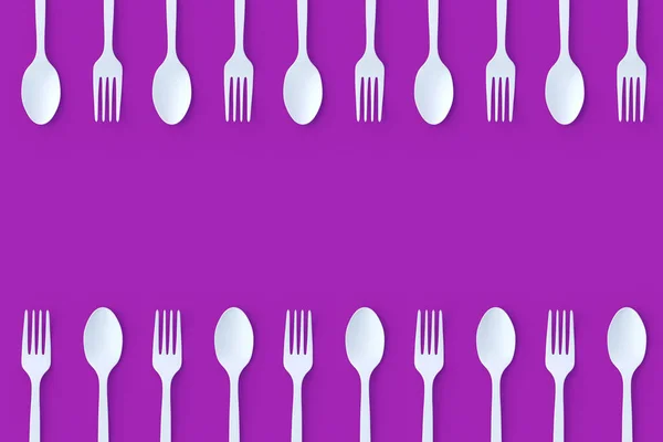 Rows Forks Spoons Violet Background Copy Space Top View Render — Stock Photo, Image