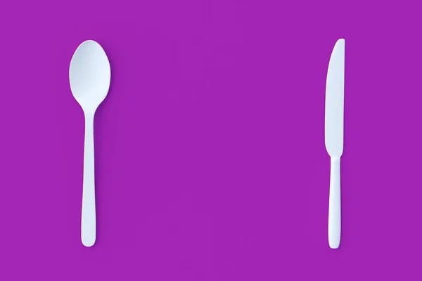 White Spoon Knife Violet Background Top View Copy Space Render — Stock Photo, Image