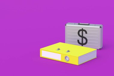 Finansal belgeler. Banka bilgileri. Muhasebe raporu. Kredi geçmişi. Yatırımcıların listesi. Ekonomik göstergeler. Bütçe planlaması. Banka denetimi. Para çantası ve kağıt klasör. 3d hazırlayıcı