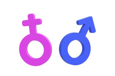 Beyaz arka planda izole edilmiş cinsiyet sembolleri. Bir erkekle bir kadın arasındaki aşk. Cinsiyet eşitliği. Erkek ve kadın seks işaretleri. 3d hazırlayıcı