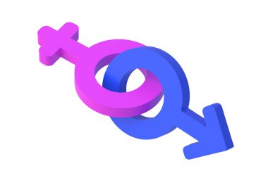 Beyaz arka planda izole edilmiş cinsiyet sembolleri. Bir erkekle bir kadın arasındaki aşk. Cinsiyet eşitliği. Erkek ve kadın seks işaretleri. 3d hazırlayıcı