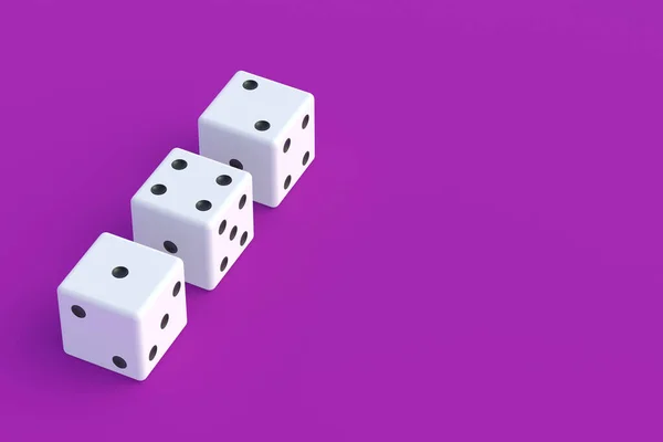 紫色の背景にダイスの立方体の行 ボードゲーム ギャンブルの中毒だ カジノゲーム ランダムな賞金 ジャックポット 家族全員のためのレジャーエンターテイメント コピースペース 3Dレンダリング — ストック写真