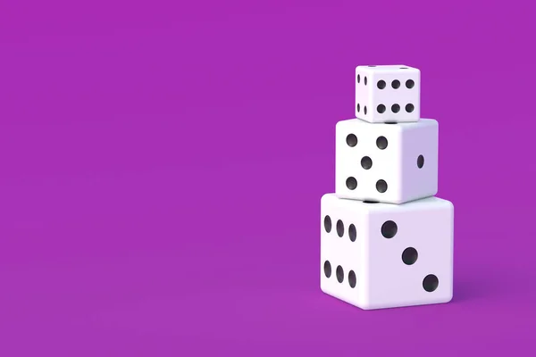 ボードゲーム ギャンブルの中毒だ カジノゲーム ランダムな賞金 ジャックポット 家族全員のためのレジャーエンターテイメント 紫色の背景にサイコロキューブのヒープ コピースペース 3Dレンダリング — ストック写真