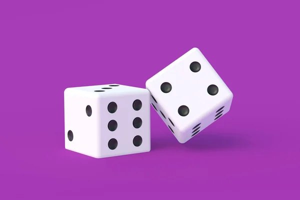 ボードゲーム ギャンブルの中毒だ カジノゲーム ランダムな賞金 ジャックポット 家族全員のためのレジャーエンターテイメント 紫の背景に2つのサイコロキューブ 3Dレンダリング — ストック写真