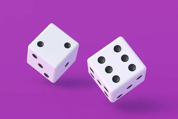 ボードゲーム ギャンブルの中毒だ カジノゲーム ランダムな賞金 ジャックポット 家族全員のためのレジャーエンターテイメント 紫色の背景に2つのサイコロ 3Dレンダリング — ストック写真