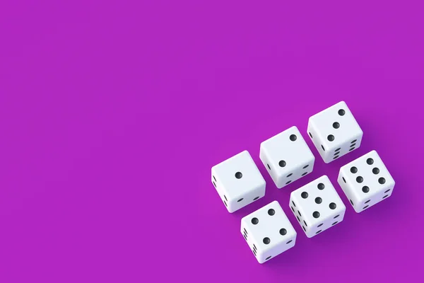 ボードゲーム ギャンブルの中毒だ カジノゲーム ランダムな賞金 ジャックポット 家族全員のためのレジャーエンターテイメント 紫色の背景の角で死にます コピースペース 3Dレンダリング — ストック写真