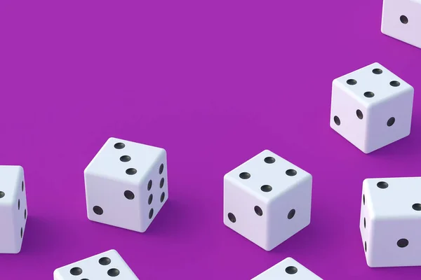 ボードゲーム ギャンブルの中毒だ カジノゲーム ランダムな賞金 ジャックポット 家族全員のためのレジャーエンターテイメント 紫色の背景に散在するダイス コピースペース 3Dレンダリング — ストック写真