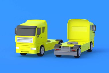 Mavi arka planda kamyonlar. Nakliye şirketi. Ağır yüklerin nakliyesi. Teslimat servisi. Uluslararası ulaşım. 3d hazırlayıcı