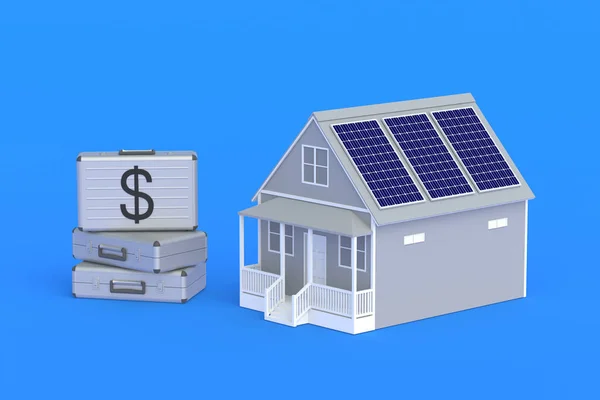 The cost of energy efficient housing. Home renovation. Installation of solar panels. Smart House. The profitability of green energy. Service maintenance. Building near money suitcase. 3d render