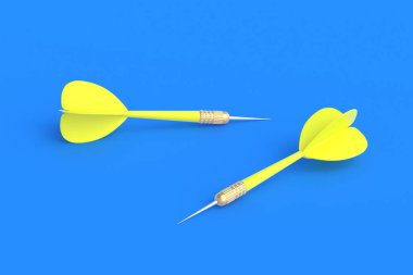 Toys for adults and children. Game for leisure. International tournament, competitions. Yellow darts on a blue background. 3D rendering