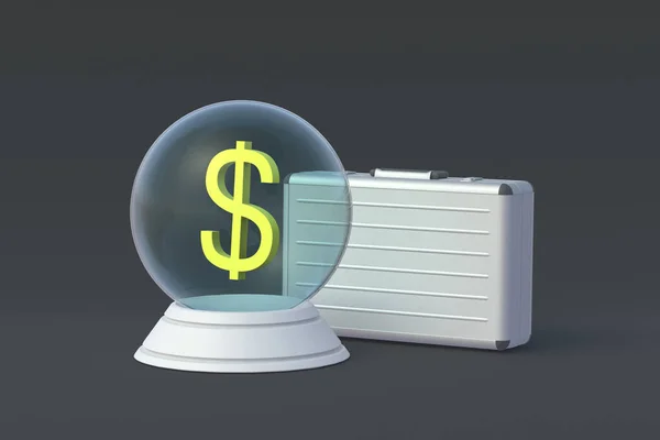 Dollar Sign Magic Glass Sphere Suitcase Render — Zdjęcie stockowe