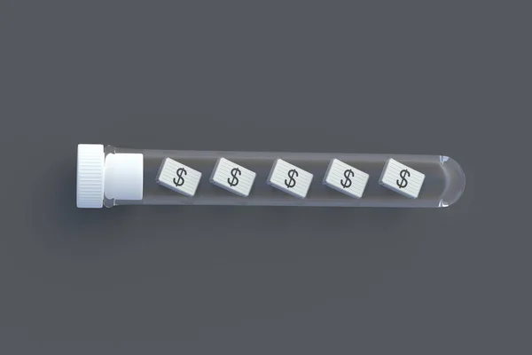 Geldkoffer Reagenzglas Entwicklung Neuer Medikamente Investitionen Die Medizinische Industrie Korruption — Stockfoto