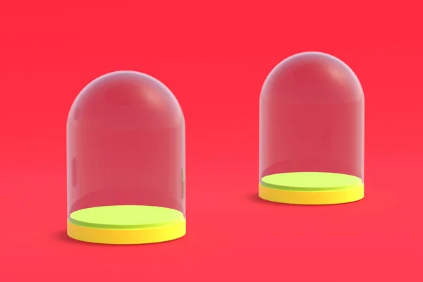 赤い背景に空のガラスドーム 透明フラスコ 3Dレンダリング — ストック写真