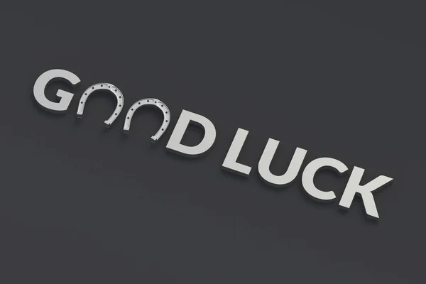 Word Good Luck Silver Horseshoes Gray Background Render — Stock Photo, Image