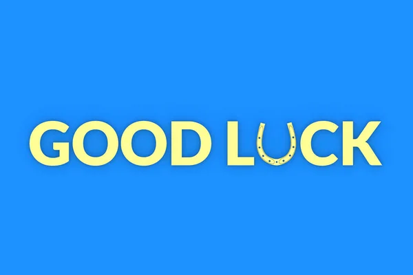 Word Good Luck Golden Horseshoe Blue Background Render — Stock Photo, Image