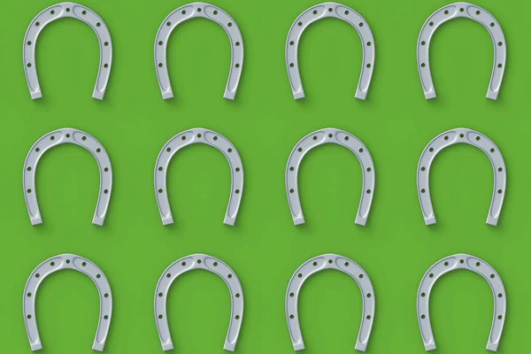 Zilveren Hoefijzers Een Groene Achtergrond Symbool Van Geluk Renderen — Stockfoto