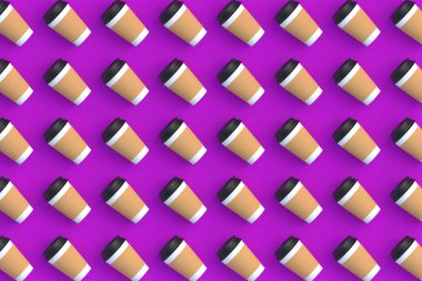 Siyah kapaklı ve kollu tek kullanımlık kağıt kahve fincanları. Üst Manzara. 3d hazırlayıcı