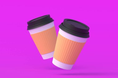 Siyah kapaklı ve kollu tek kullanımlık kağıt kahve fincanları. 3d hazırlayıcı