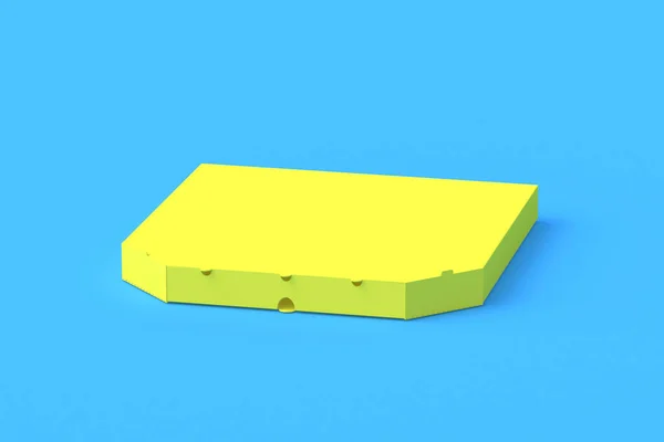 青い背景に黄色の閉じた空白のピザボックス ファーストフードだ ピザ屋の広告 食料の配達だ 最上階だ コピースペース 3Dレンダリング — ストック写真